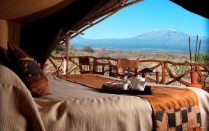 small luxury camp Satao Elerai located in Amboseli national park in Kenya, with a view to Kilimanjaro mountain