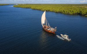 traditional Tusitri Dhow sailing along Lamu Archipelago in Kenya