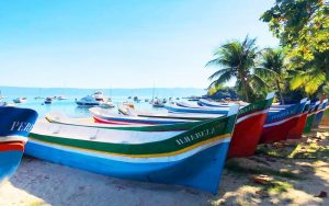 Colorful wooden boats in Ilhabela, state of Sao Paulo, Brazil