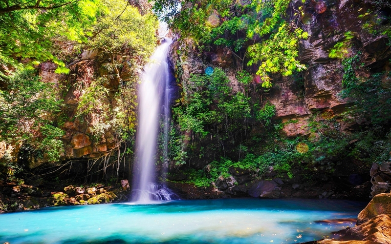 Blue-water waterfall in Costa Rica